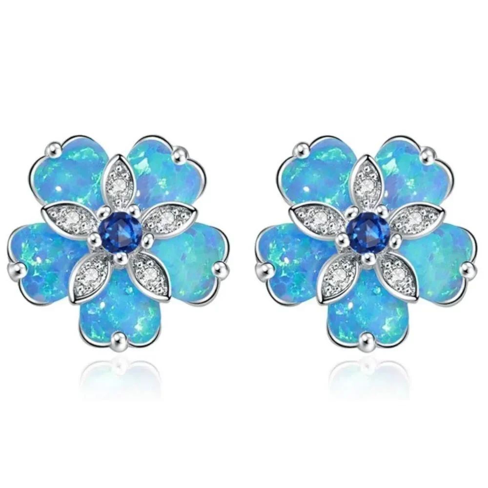 925 Sterling Silver with Blue Fire Opals and Blue Sapphire Flower Stud Earrings